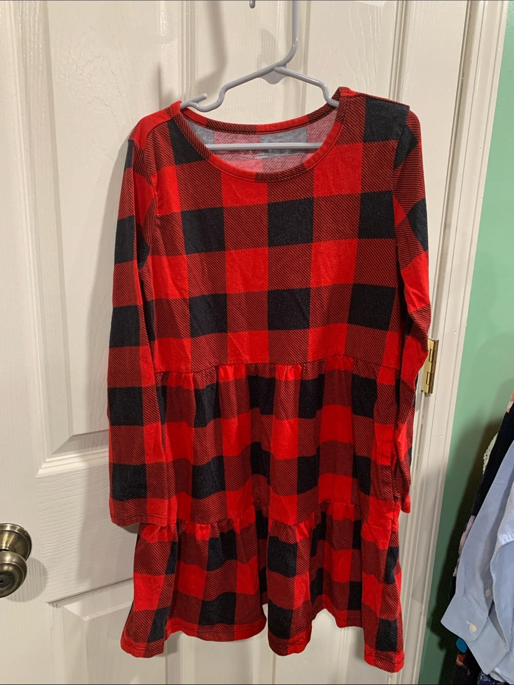 Old Navy Red and Black Buffalo Plaid Tiered Long-Sleeve Dress